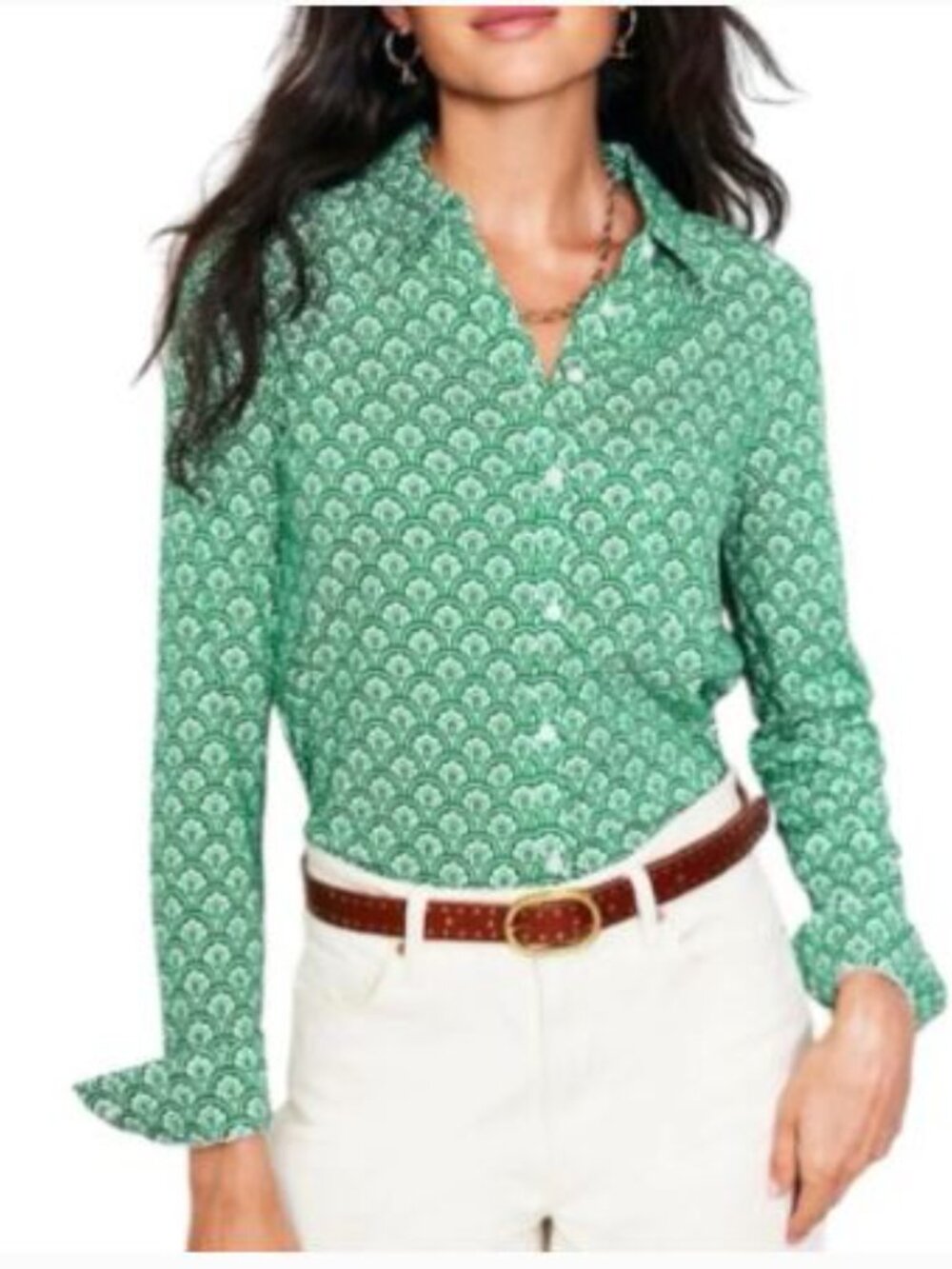 Boden Amelia Green White Floral Trellis Knit Button Down Top Size US 16 / 18